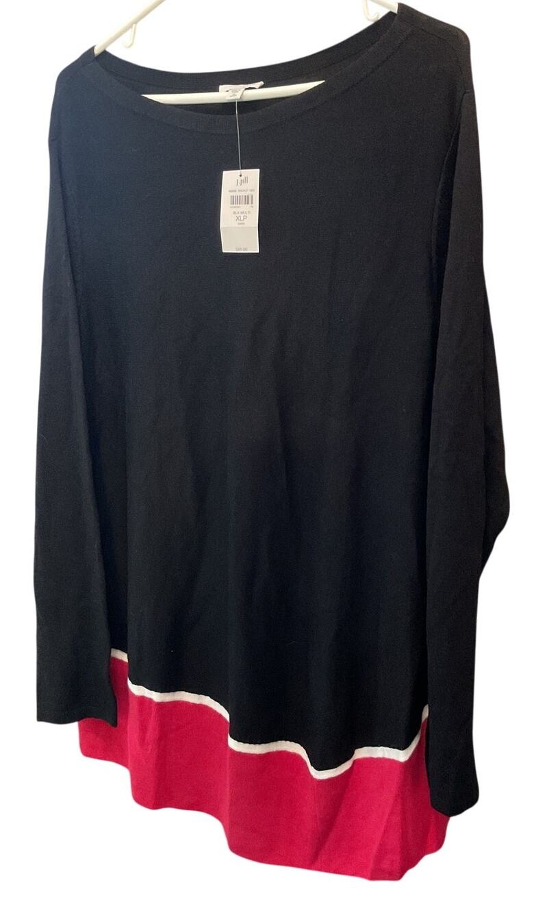 NWT J. Jill Womens XL Petite  Black Multi Boat Neck Wool Blend Sweater XLP